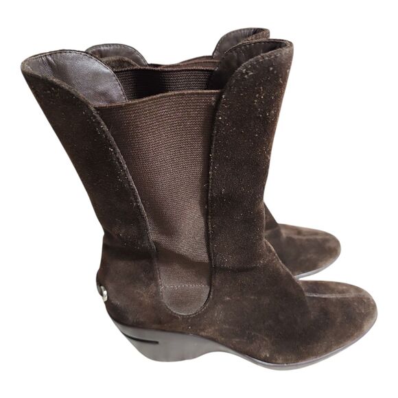 Cole Haan Air Mid Calf Boots Shoes Women's Size 7B Brown Suede Wedge Stretch EUC - Picture 2 of 7